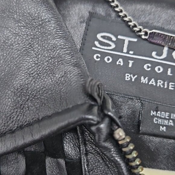 Vintage St. John Black Textured Women's Jacket With Rabbit Fur Collar Zipper M - Picture 7 of 16